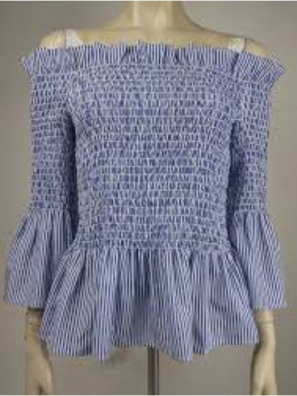 Joseph Ribkoff Blue & White Striped Smocked Off-Shoulder Peplum Top